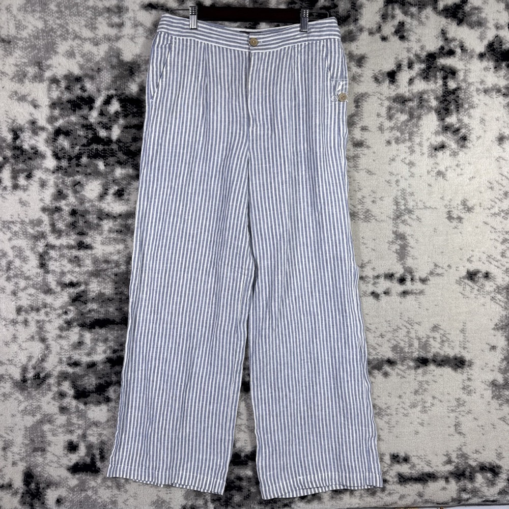 Tahari Pants Womens Size 14 100% Linen Striped Lagen Simple Spring Summer